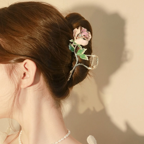 Pince À Cheveux Rose Fleur Élégante Alliage Émail Rose Dégradé Floral Accessoires Cheveux Pour Femmes Filles