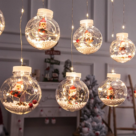 Christmas LED Curtain String Lights Warm White Hanging Ornaments Santa Claus Snowman Reindeer Tree Decorative Lighting Holiday Home Party Window