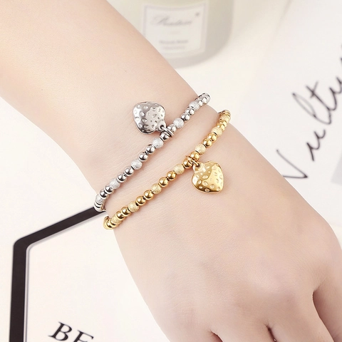 Bracciale Elastico In Acciaio Inossidabile Con Ciondolo A Cuore Impermeabile Perline Lucide E Opache Gioielli Vintage