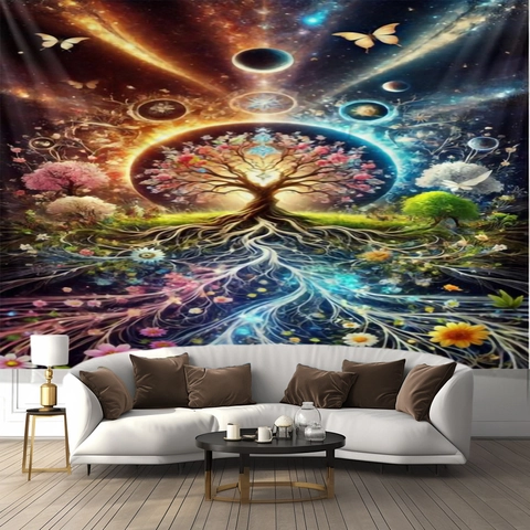 Árbol De Vida Sol Astrología Tapiz De Pared Psicodélico Místico Bohemio Tela Poliéster Arte Para Decoración Dormitorio