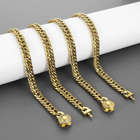 Collar Y Pulsera Eslabones Cubanos Acero Inoxidable Hombres Hip Hop Tendencia Cierre Redondo Diamantes Joyería