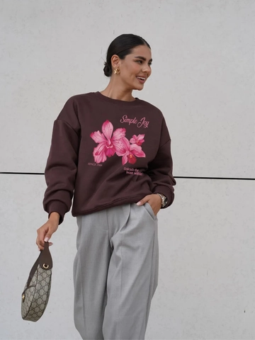 Dames Sweatshirt Met Ronde Hals Retro Bloemenprint Simple Joy Brief Lange Mouwen Losse Casual Pullover Bruin Katoenmix