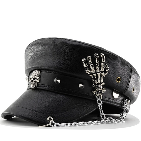 Punk Gothic PU Leren Militaire Hoed Met Klinknagels Schedels En Spinnendecoraties Rock Streetwear Zeemanspet