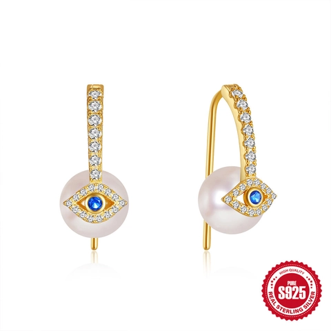925 Sterling Silver Evil Eye Pearl Hook Earrings For Women Gold Silver Plated Zirconia Inlaid Drop Earrings Fashion Jewelry