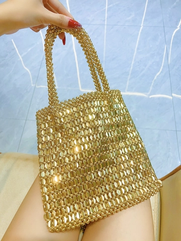 Glänzende Metallische Pailletten Handtasche Acryl Perlen Gewebte Unterarmtasche Für Damen Elegant Party Vintage Tote