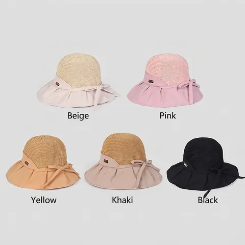 Women Wide Brim Sun Hat Woven Straw Fabric Patchwork Breathable Foldable Bow Elegant Fisherman Bucket Hat Summer Beach