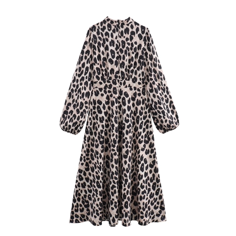 Leopard Print Maxi Dress Polyester Pleated High Waist Belted Retro French Style Long Sleeve Stand Collar Elegant Women