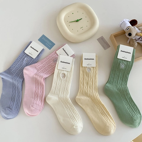 Women Mid Calf Crew Socks Combed Cotton Letter Embroidery Cable Knit Ribbed Soft Breathable Sweet Style