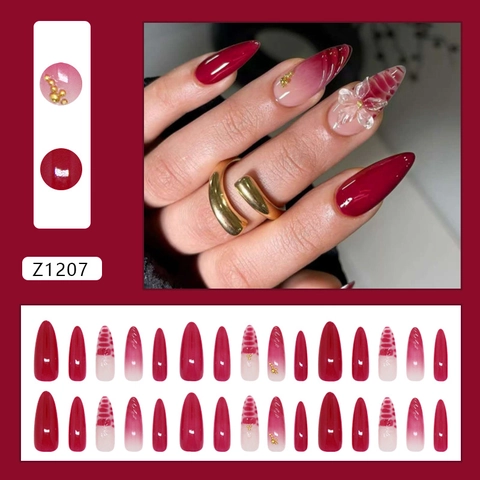Rose Red White Gradient Press On Nails With Three Dimensional Embossed Flowers Gold Beads Long Almond Shape Elegant Ins Style