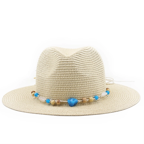 Unisex Summer Straw Fedora Hat Wide Brim Sun Protection Bohemian Beaded Band Panama Beach Sunhat Vintage Ethnic Style