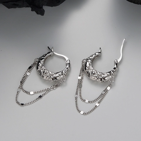 Pendientes de Aro de Plata de Ley 925 con Textura de Lava para Mujer Diseño Martillado Irregular Pendientes de Cadena con Borlas Largas Joyería Chic