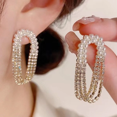 Hepburn Französischer Stil Künstliche Perle Strass Quaste Ohrringe 925 Sterlingsilber Stift Mehrlagiger Ohrschmuck Für Damen