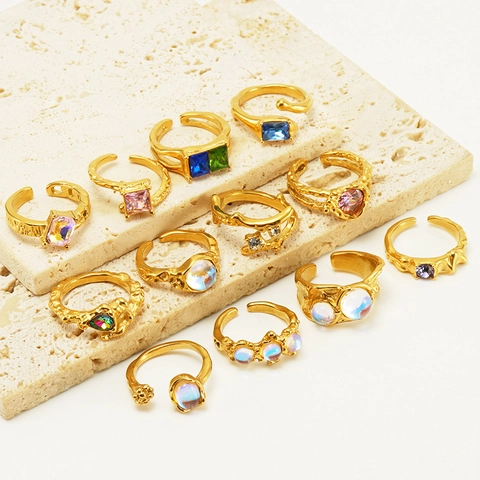 Vintage Adjustable Rings Stainless Steel 18K Gold Plated Open Ring Irregular Geometric Boho Moonstone Zircon Jewelry Women