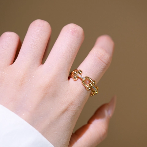 Horseshoe Buckle U-Shaped Link Ring Copper Gold Plated With Zircon Adjustable Open Band Industrial Chic For Women