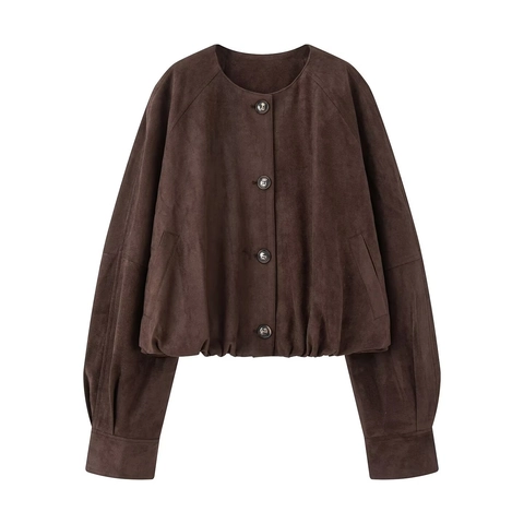 Women Short Suede Jacket Round Neck Single Breasted Long Lantern Sleeve Elastic Hem Casual Elegant Solid Outerwear