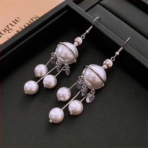 Orecchini Pendenti Nappa Perla Artificiale Pianeta Saturno Zirconia Lega Rame Perno Acciaio Vintage Elegante Donna