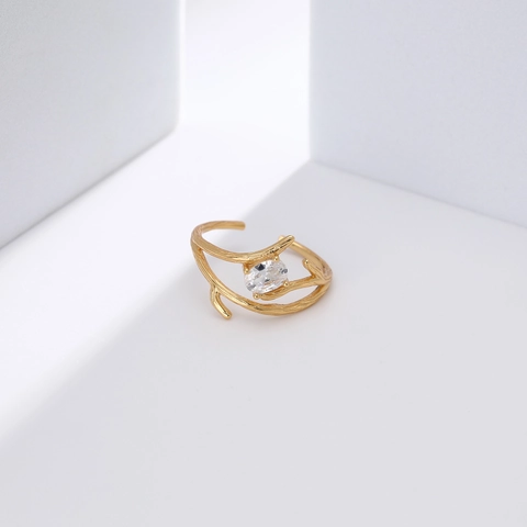Anillo Ajustable de Plata de Ley 925 Forma de Rama para Mujer Incrustación de Circonia Ovalada Diseño de Rama Joyería Regalo