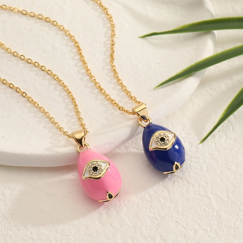 Evil Eye Pendant Necklace Copper Micro Pave Zircon Teardrop Enamel Clavicle Chain For Women Bohemian Vintage Style
