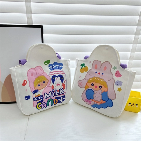 Cartoon Rabbit Canvas Tote Bag Large Capacity Shoulder Handbag For Casual Daily Use Sweet Style For Women Girls