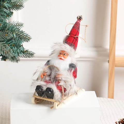 Standing Santa Claus Figurine Red Gray Plaid Fabric Faux Fur With Wood Skis Gift Bag Christmas Desktop Decoration Ornament