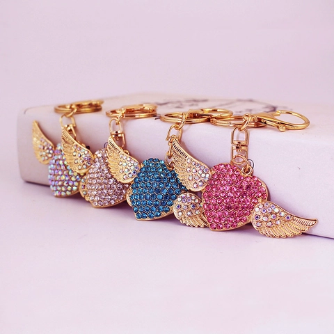 Exquisite Alloy Heart Wings Of Love Keychain Full Rhinestone Sparkling Bag Pendant Charm Accessory Gift For Women Girls