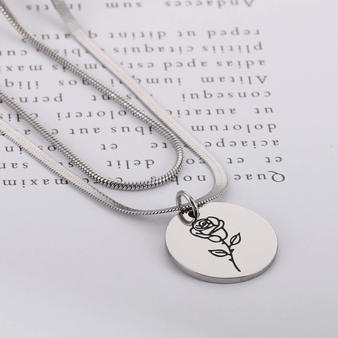 Collier Fleur De Naissance Acier Inoxydable Double Couche Chaîne Serpent Pendentif Floral Rond Gravé Cadeau Anniversaire Femme