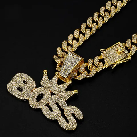 Kroon Letter Hanger Ketting Legering Rijnsteen Iced Out Cubaanse Schakelketting Hip Hop Stijl Voor Mannen