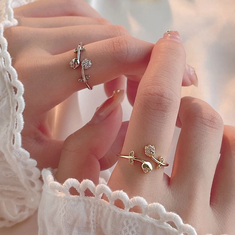Tulip Flower Open Ring Copper Cubic Zirconia Inlaid Adjustable Finger Jewelry Elegant Korean Style For Women