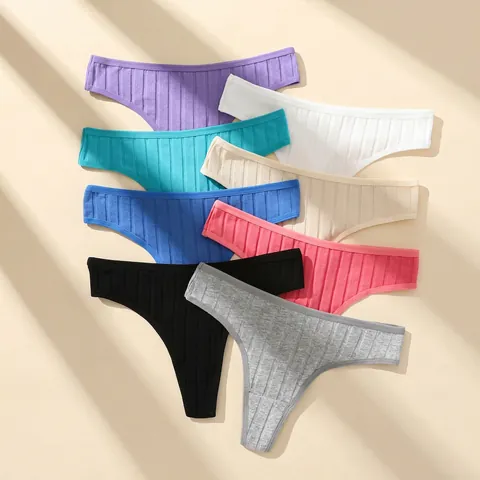 Women Ribbed Cotton Thongs Breathable Low Waist T-Back Panties Solid Color Soft Comfortable Underwear Lingerie Knitted