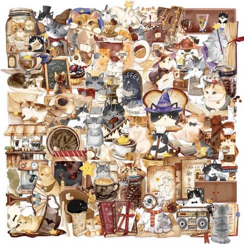 Magische Katzen Cafe Aufkleber Wasserdicht PET Transparent Ästhetische Cartoon Sticker Für Laptop Journal Scrapbook