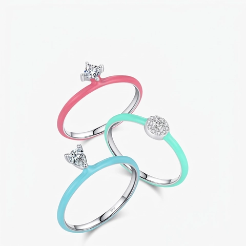 925 Sterlingsilber Bonbonfarben Emaille Ring Für Damen Süß Geometrisch Strass Eingelegt Stapelbar Fingerring Schmuck