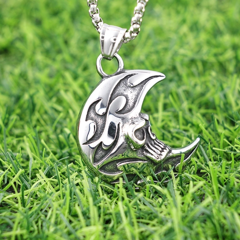 Collana Con Ciondolo Teschio Luna Punk Gotico Acciaio Inossidabile Vintage Intagliato Mezzaluna Gioielli Hip Hop Da Uomo