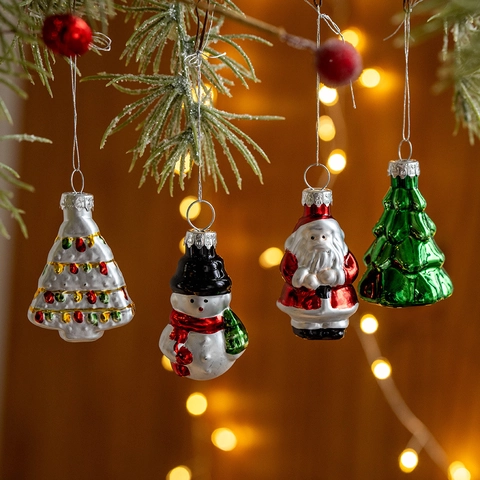 Ensemble d'Ornements de Noël en Verre Peint à la Main Père Noël Bonhomme de Neige Flocon de Neige Décorations de Fête