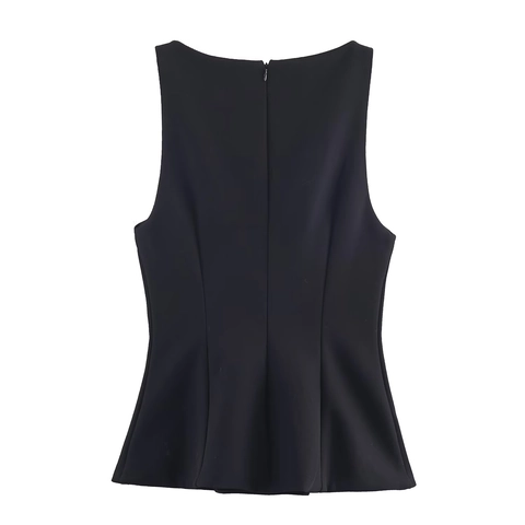 Women Sleeveless Slim Fit Top Elegant Black Blouse With Large Rhinestone Buttons And Hidden Back Zipper