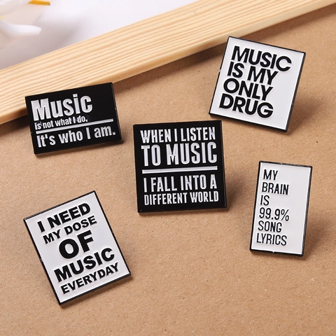 Music Theme Enamel Pin Brooch Set Alloy Black White Quote Minimalist Creative Backpack Decoration Accessory