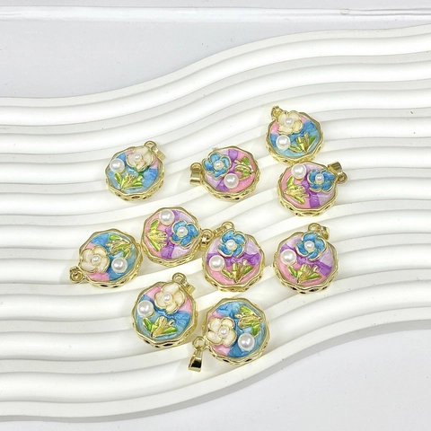 Pendentif Fleur Rond Cuivre Émail Imitation Künstliche Perle Monet Jardin Rose Style Peinture À L'Huile Vintage Plaqué Or