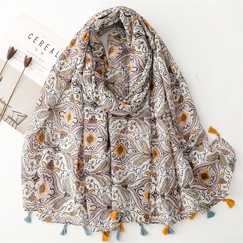 Retro Ethno Boho Schal Stola Polyester Voile Paisley Print Quasten Sonnenschutz Reise Accessoires Damen
