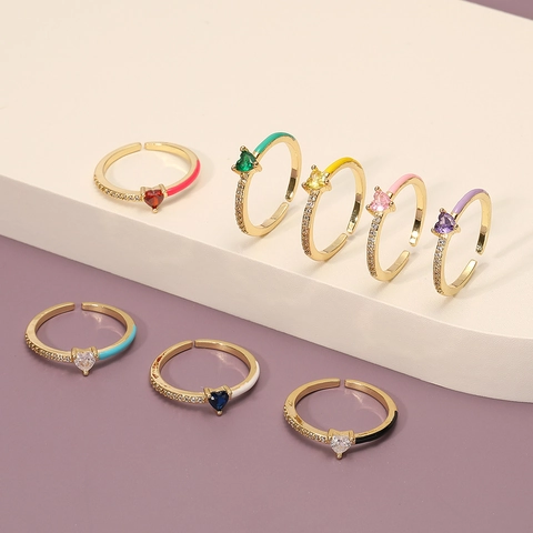 Anello Aperto Regolabile con Zirconia a Cuore Smalto Colorato Rame Placcato Oro Gioielli Moda Vintage per Donna Regalo