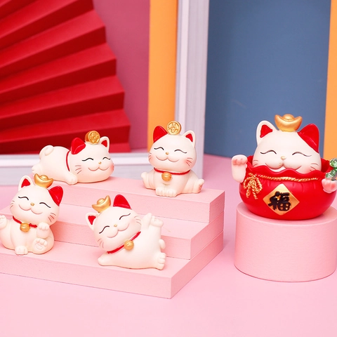 Mini Figurines Chat De La Chance Statues Fortune En Résine Ornements De Bureau Style Chinois Traditionnel Objets De Collection
