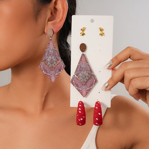 Bohemian Wood Fabric Alloy Earrings Rhombus Polka Dot Fish Vintage Ethnic Style With 925 Sterling Silver Earring Post