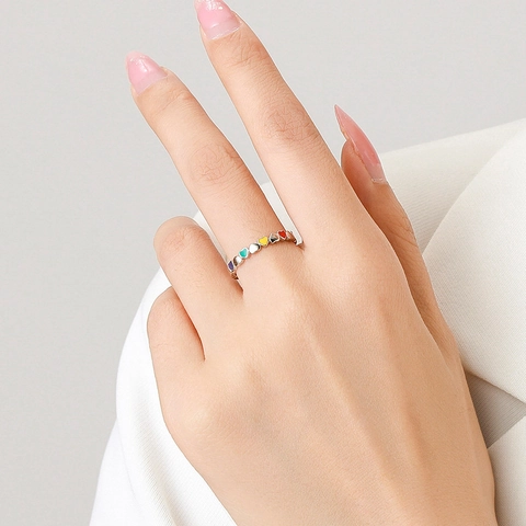 925 Sterling Silber Regenbogen Emaille Herz Ring Und Creolen Für Frauen Süßer Trendiger Modeschmuck