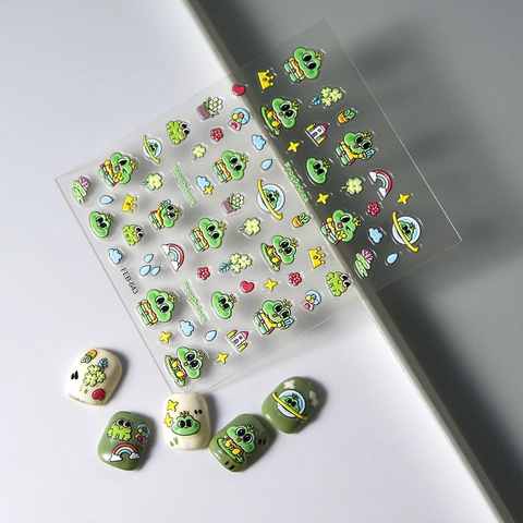 Froschkönig Nagelaufkleber 5D Geprägt Süßes Cartoon Selbstklebende Decals Für Maniküre Dekoration Regenbogen Krone