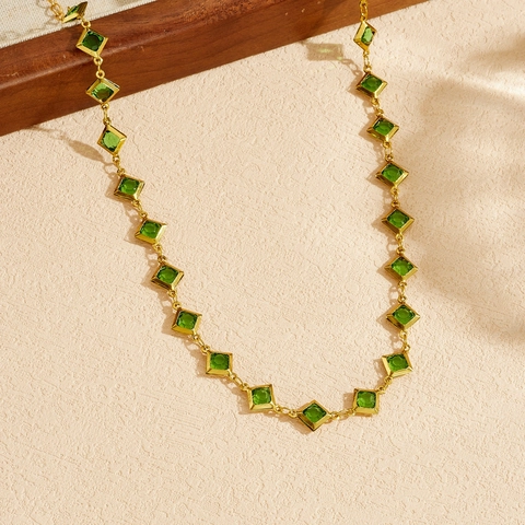 Joyas De Collar Y Pulsera Retro Acero Inoxidable Chapado En Oro Piedras De Vidrio Cuadradas Verdes Elegante Para Mujer