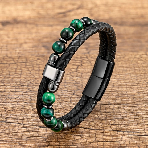 Men Double Layer Braided Leather Bracelet With Natural Tiger Eye Stone Beads Stainless Steel Magnetic Clasp Vintage Punk