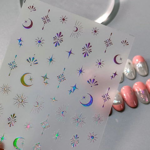 3D Embossed Nail Art Stickers Holographic Celestial Moon Star Patterns Self Adhesive Metallic Bohemian Manicure Decoration