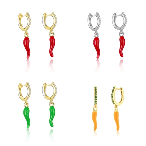 Orecchini A Cerchio Con Ciondolo A Peperoncino 925 Sterling Silver Earring Post Zircone Rame Smalto Vegetale Gioielli Alla Moda Donna