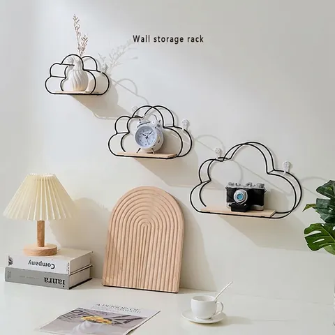 Cloud Floating Wall Shelf Iron Metal Wood Decorative Storage Rack For Living Room Bedroom Nordic Style
