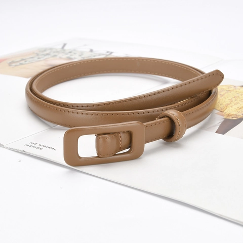 Women's Genuine Leather Belt Slim Skinny Cowhide Waistband With Rectangle Leather Wrapped Alloy Buckle Minimalist Elegant