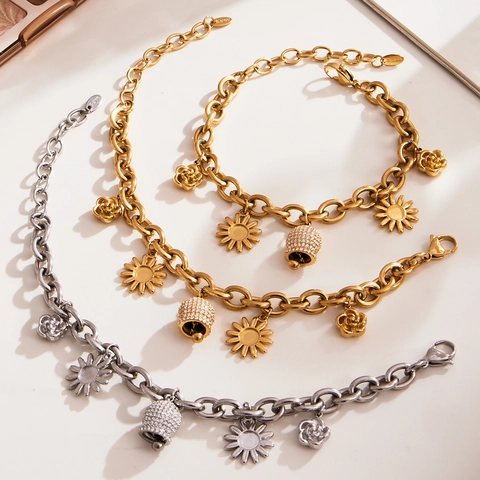 Set di Gioielli Collana E Bracciale in Acciaio Inossidabile Con Ciondolo a Girasole Rosa E Campanello Oro Argento Donna