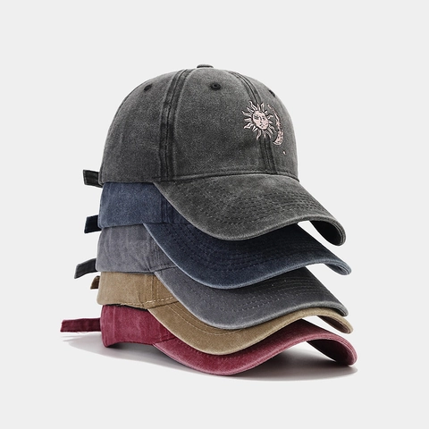 Sun Moon Stickerei Gewaschene Baumwolle Baseballkappe Retro Vintage Verstellbare Schirmmütze Dad Hat Outdoor Sonnenschutz